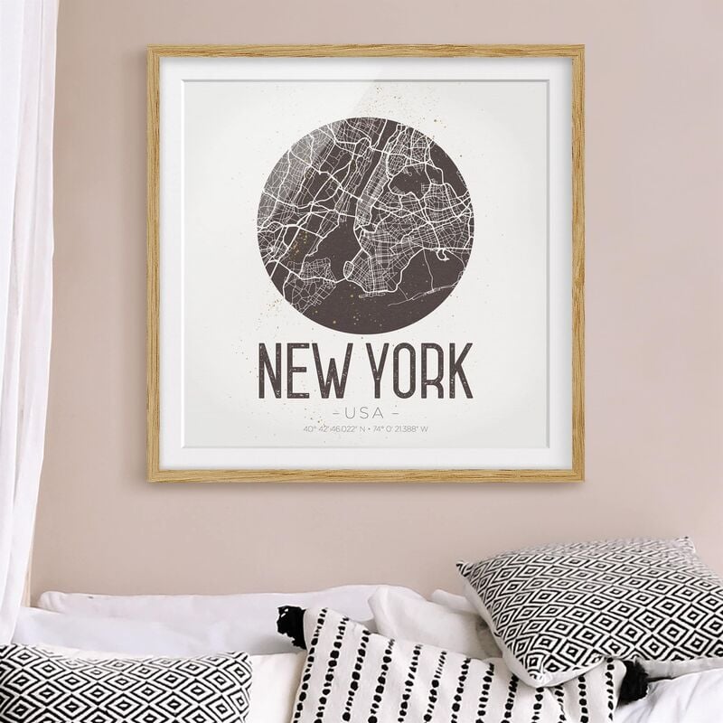 

Póster enmarcado - New York City Map - Retro Dimensión LxA: 20cm x 20cm, Marco: Roble