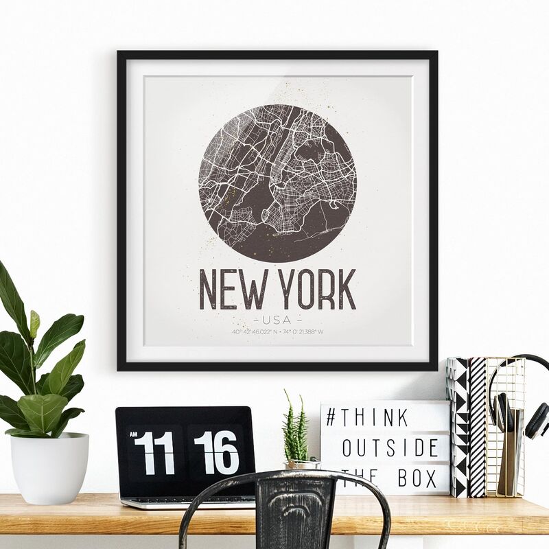 

Póster enmarcado - New York City Map - Retro Dimensión LxA: 70cm x 70cm, Marco: Negro