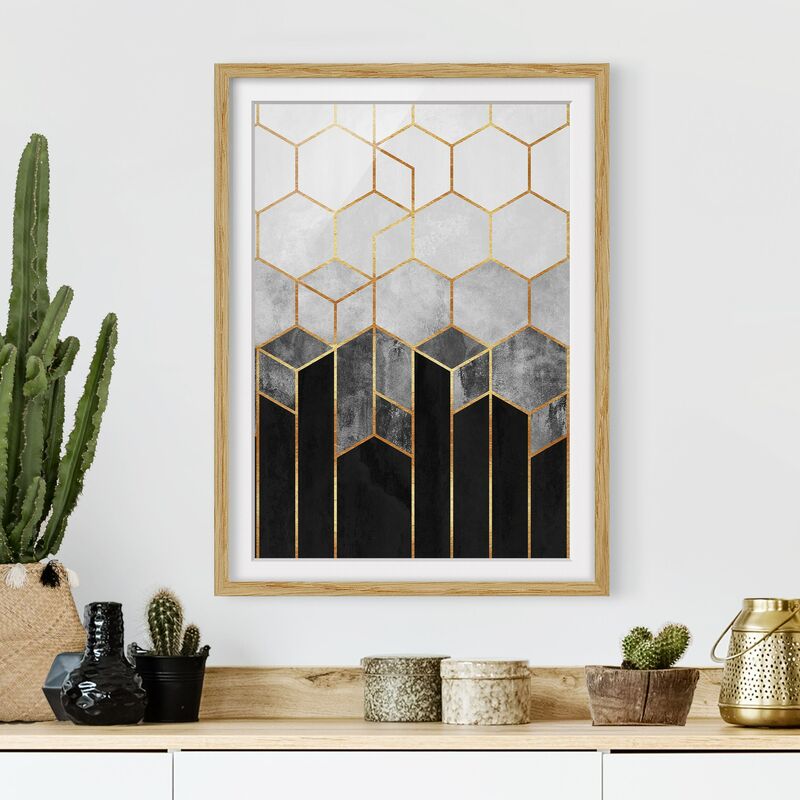 

Póster enmarcado - Oro esagono Bianco e nero Dimensión LxA: 55cm x 40cm, Marco: Roble