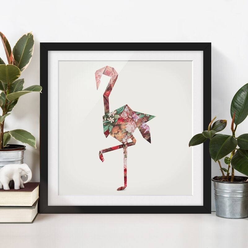 

Póster enmarcado - origami Flamingo Dimensión LxA: 20cm x 20cm, Marco: Negro