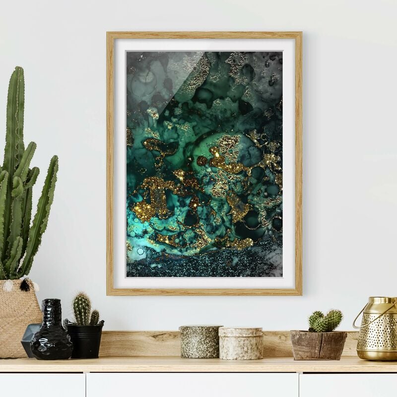 

Póster enmarcado - Oro Isole del Mar astratta Dimensión LxA: 100cm x 70cm, Marco: Roble