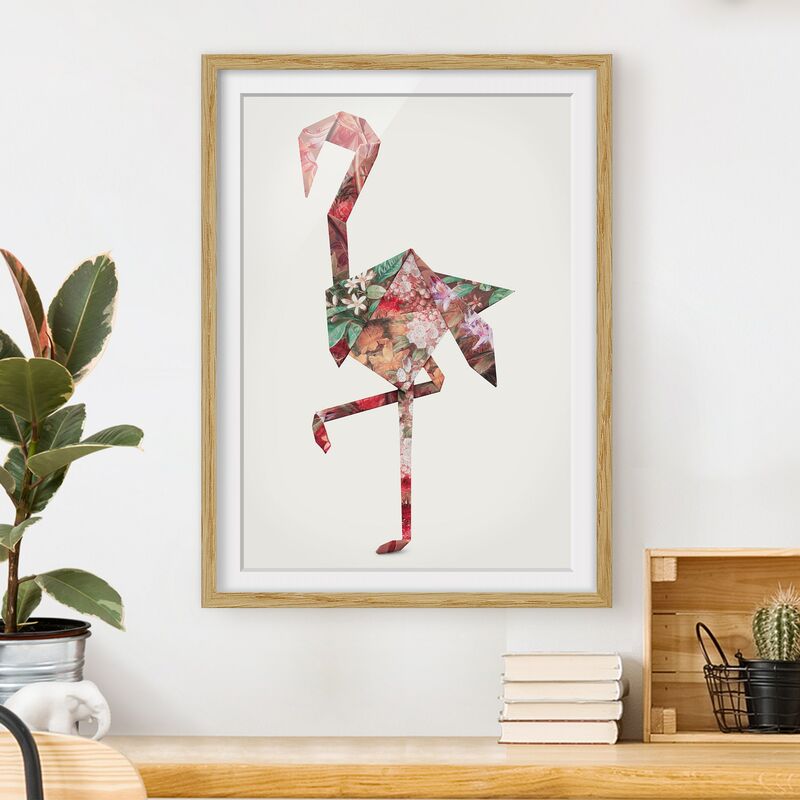 

Póster enmarcado - origami Flamingo Dimensión LxA: 55cm x 40cm, Marco: Roble