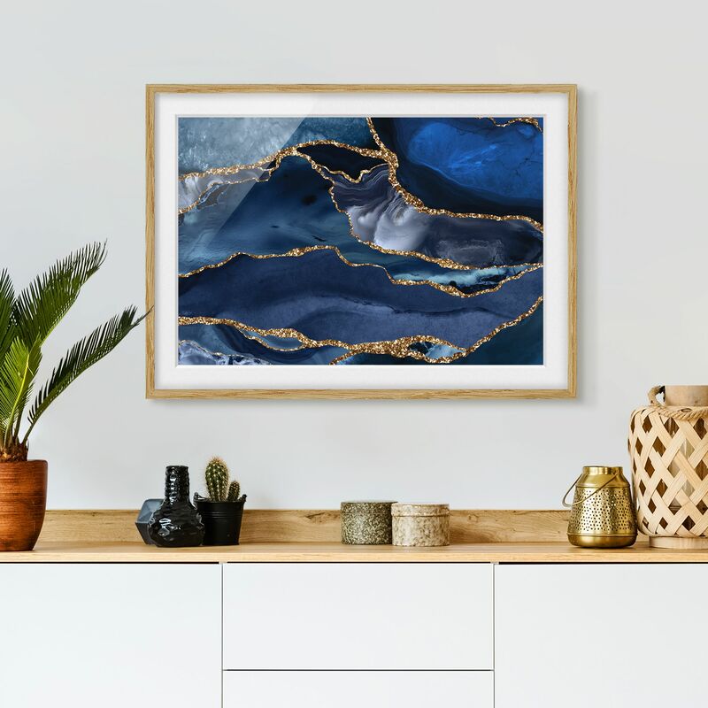 

Póster enmarcado - Oro Glitter Onde Di Fronte Blu Dimensión LxA: 18cm x 24cm, Marco: Roble