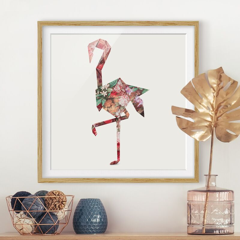 

Póster enmarcado - origami Flamingo Dimensión LxA: 30cm x 30cm, Marco: Roble