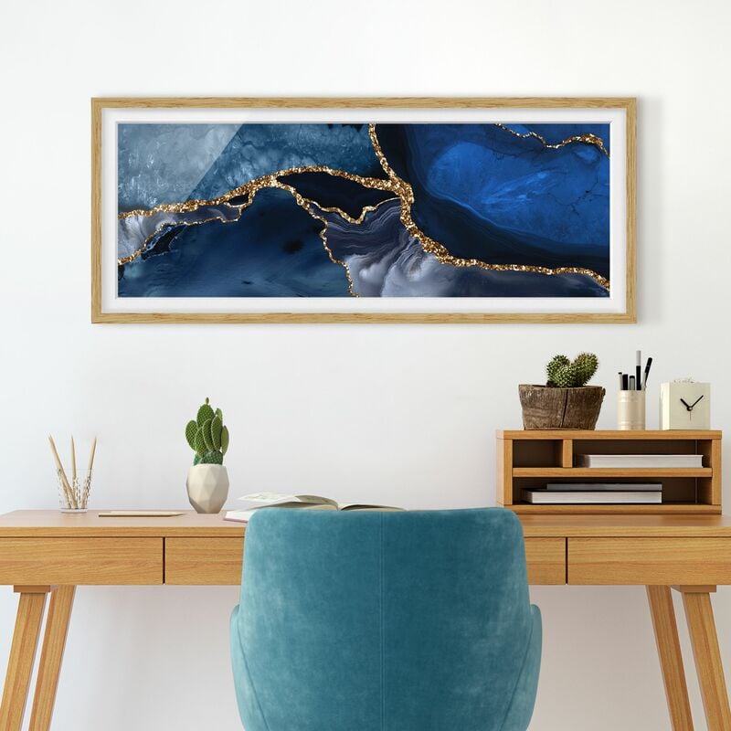 

Póster enmarcado - Oro Glitter Onde Di Fronte Blu Dimensión LxA: 40cm x 100cm, Marco: Roble