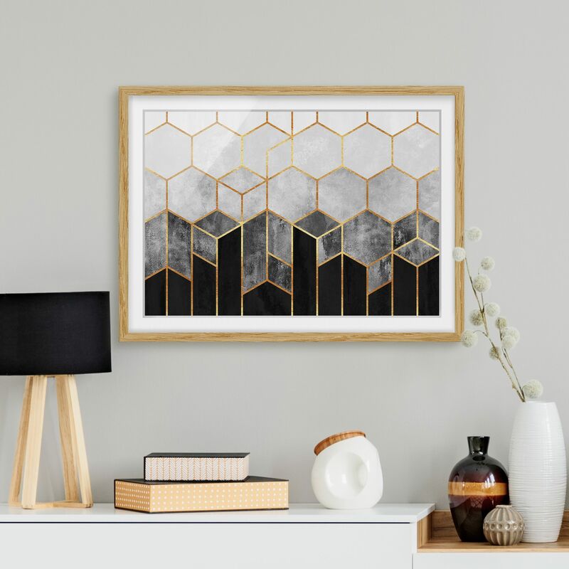 

Póster enmarcado - Oro esagono Bianco e nero Dimensión LxA: 18cm x 24cm, Marco: Roble