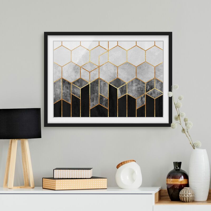 

Póster enmarcado - Oro esagono Bianco e nero Dimensión LxA: 70cm x 100cm, Marco: Negro