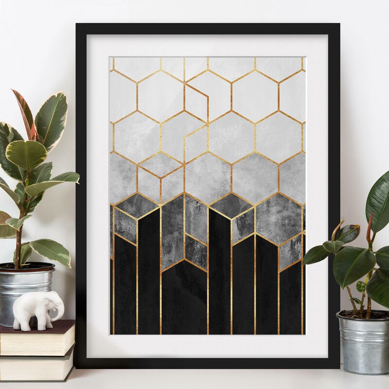 

Póster enmarcado - Oro esagono Bianco e nero Dimensión LxA: 70cm x 50cm, Marco: Negro