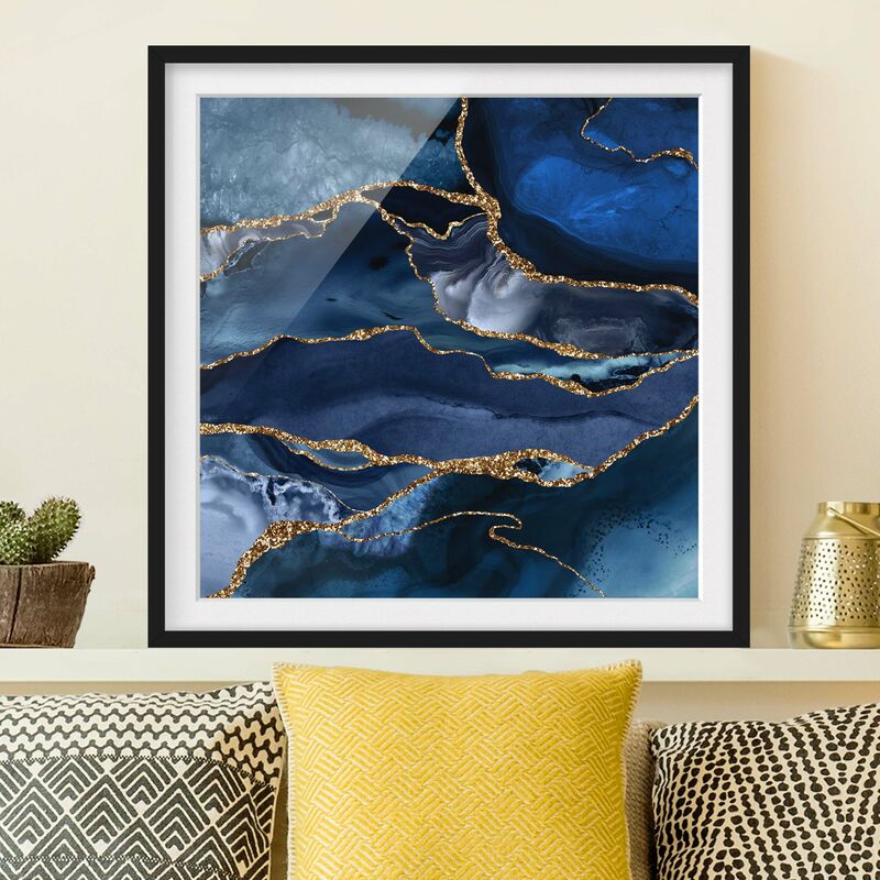 

Póster enmarcado - Oro Glitter Onde Di Fronte Blu Dimensión LxA: 70cm x 70cm, Marco: Negro