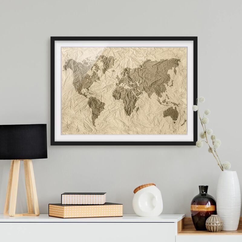 

Póster enmarcado - Paper World Map Beige Brown Dimensión LxA: 50cm x 70cm, Marco: Negro