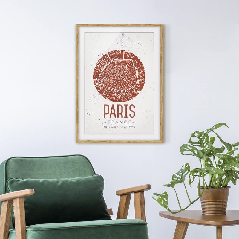 

Póster enmarcado - Paris City Map - Retro Dimensión LxA: 55cm x 40cm, Marco: Roble