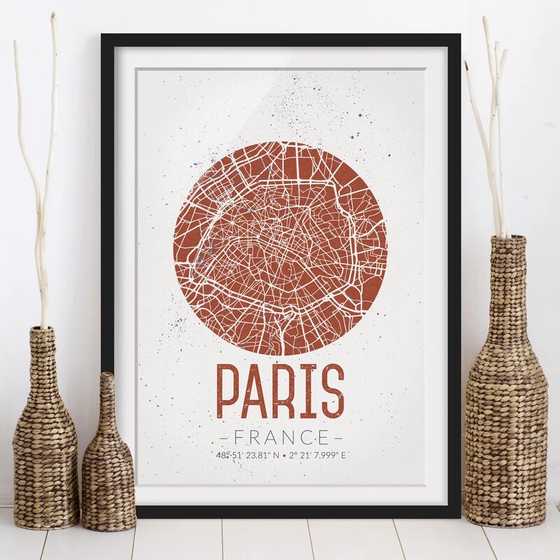 

Póster enmarcado - Paris City Map - Retro Dimensión LxA: 100cm x 70cm, Marco: Negro