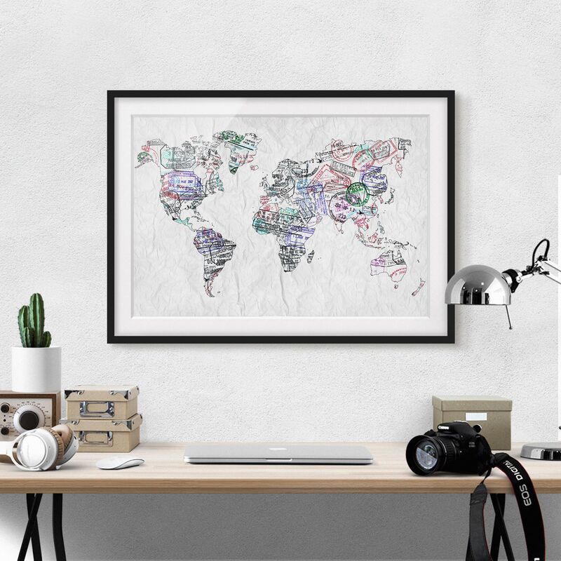 

Póster enmarcado - Passport Stamp World Map Dimensión LxA: 30cm x 40cm, Marco: Negro