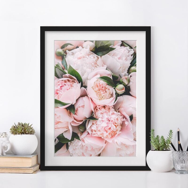 

Póster enmarcado - Peonie rosa con foglie Dimensión LxA: 40cm x 30cm, Marco: Negro