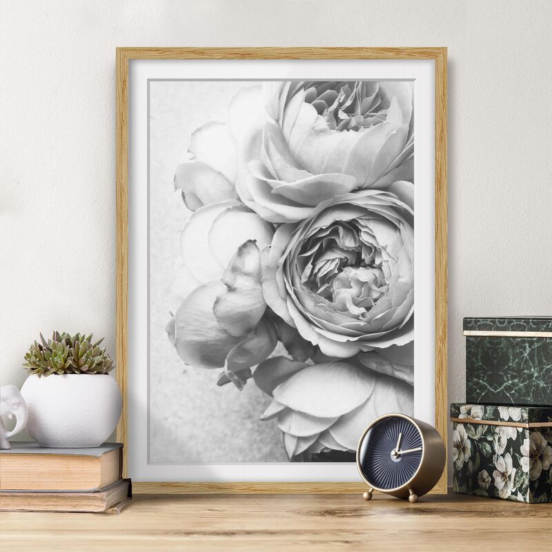 

Póster enmarcado - Peony fiori bianchi e nero Dimensión LxA: 100cm x 70cm, Marco: Roble