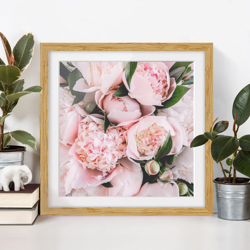 

Póster enmarcado - Peonie rosa con foglie Dimensión LxA: 20cm x 20cm, Marco: Roble