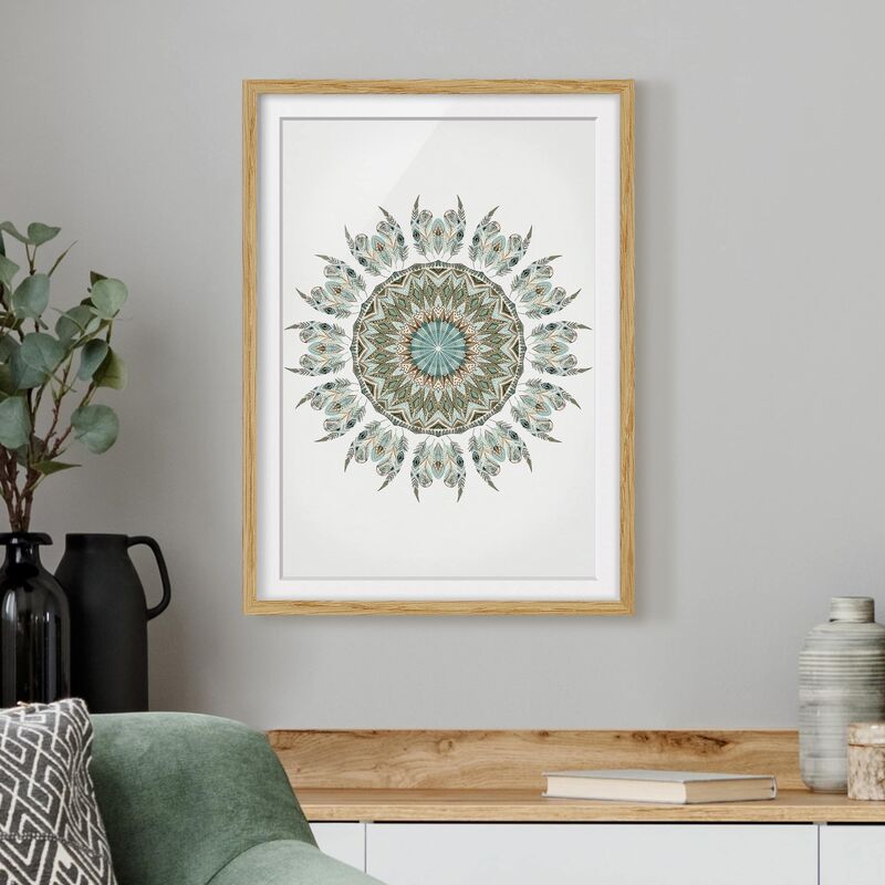 

Póster enmarcado - Piume Mandala acquerello dipinto a mano Blu Verde Dimensión LxA: 100cm x 70cm, Marco: Roble