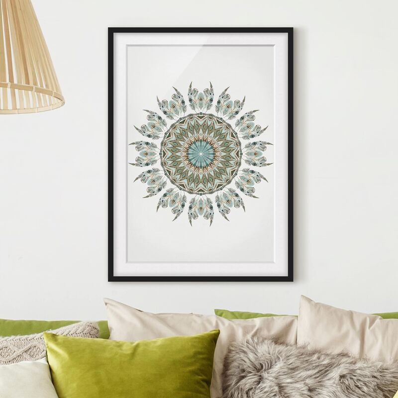 

Póster enmarcado - Piume Mandala acquerello dipinto a mano Blu Verde Dimensión LxA: 100cm x 70cm, Marco: Negro