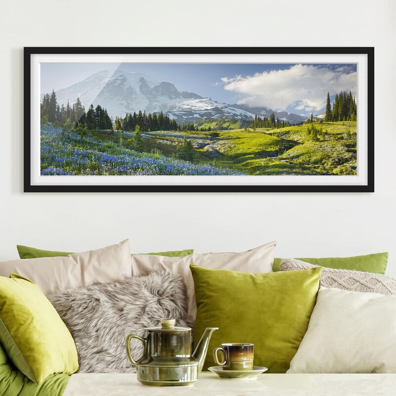 

Póster enmarcado - Prato Di Montagna Con Fiori Di Fronte Del Monte Rainier Dimensión LxA: 50cm x 130cm, Marco: Negro