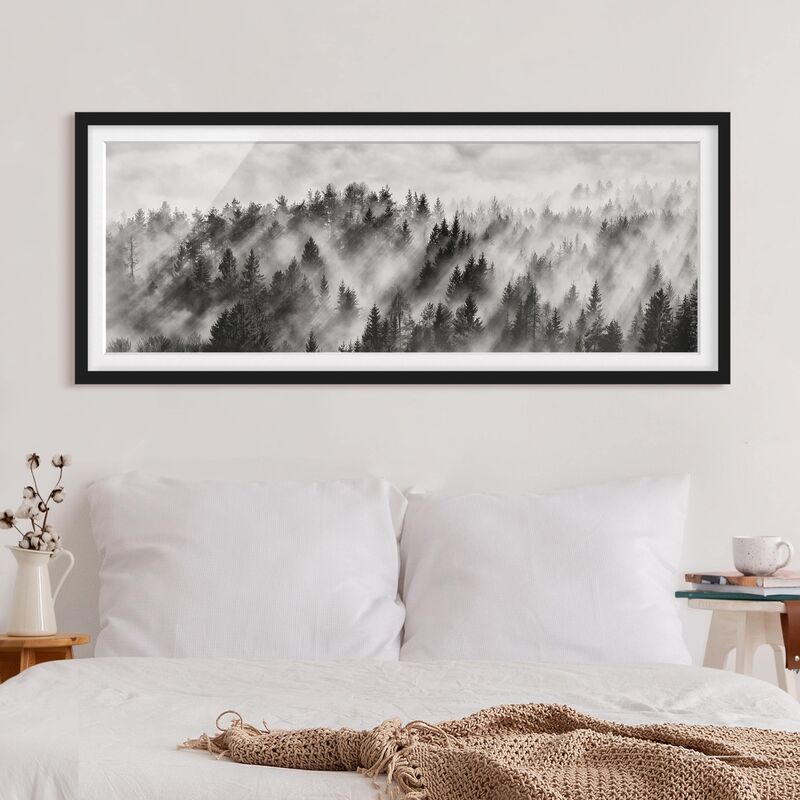 

Póster enmarcado - Raggi Luce nella foresta di conifere Dimensión LxA: 30cm x 75cm, Marco: Negro
