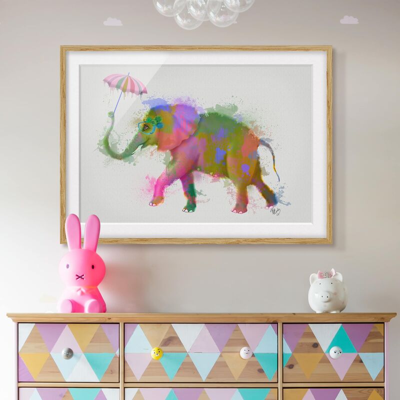 

Póster enmarcado - Rainbow Splash Elephant Dimensión LxA: 18cm x 24cm, Marco: Roble