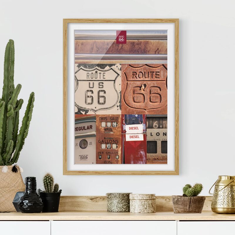 

Póster enmarcado - Route 66 - Collage Rusty Segni Dimensión LxA: 55cm x 40cm, Marco: Roble