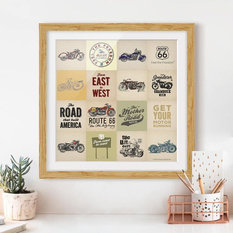 

Póster enmarcado - Route 66 - Collage Moto Dimensión LxA: 20cm x 20cm, Marco: Roble