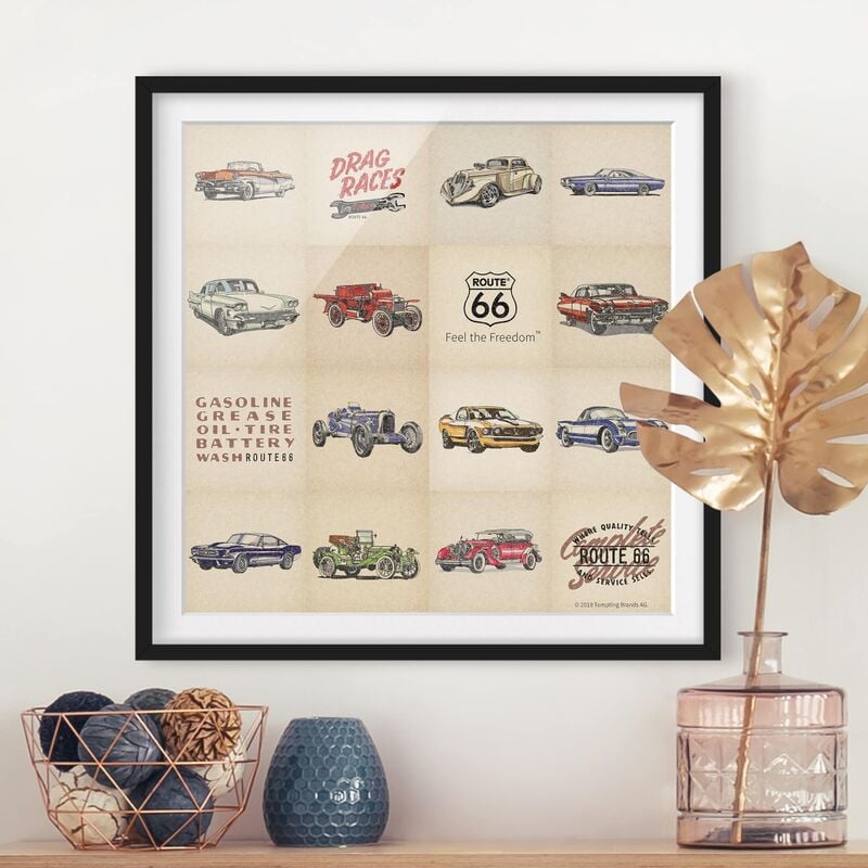 

Póster enmarcado - Route 66 - Collage Vintage Dimensión LxA: 30cm x 30cm, Marco: Negro