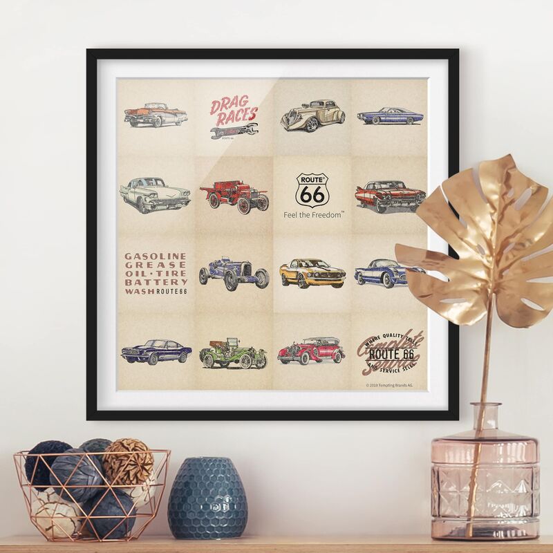 

Póster enmarcado - Route 66 - Collage Vintage Dimensión LxA: 70cm x 70cm, Marco: Negro