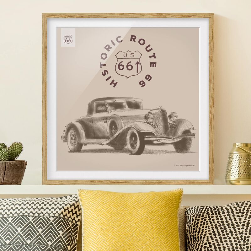 

Póster enmarcado - Route 66 - Vintage Car Storico Dimensión LxA: 30cm x 30cm, Marco: Roble
