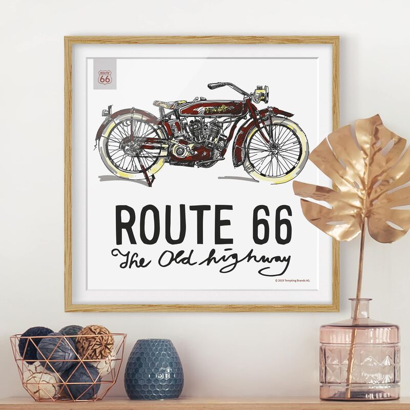 

Póster enmarcado - Route 66 - Moto Old Highway Dimensión LxA: 30cm x 30cm, Marco: Roble