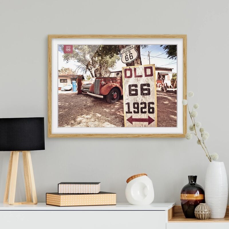

Póster enmarcado - Route 66 - Old Pick-Up Dimensión LxA: 30cm x 40cm, Marco: Roble