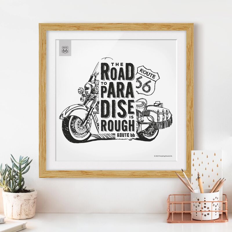 

Póster enmarcado - Route 66 - Moto Paradise Dimensión LxA: 20cm x 20cm, Marco: Roble