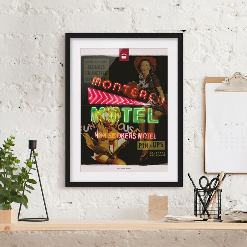 

Póster enmarcado - Route 66 - Pin-up Monterey Dimensión LxA: 24cm x 18cm, Marco: Negro