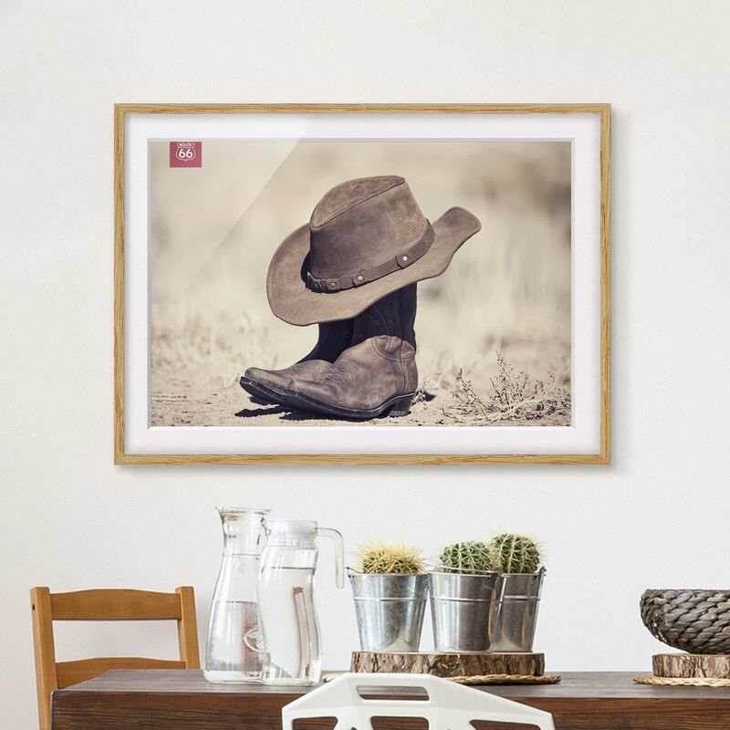 

Póster enmarcado - Route 66 - stivali e cappello da Dimensión LxA: 50cm x 70cm, Marco: Roble