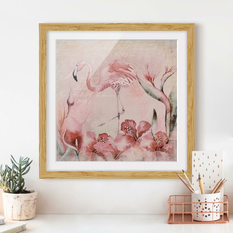 

Póster enmarcado - Shabby Chic Collage - Flamingo Dimensión LxA: 50cm x 50cm, Marco: Roble
