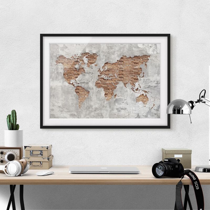 

Póster enmarcado - Shabby Concrete Brick World Map Dimensión LxA: 50cm x 70cm, Marco: Negro