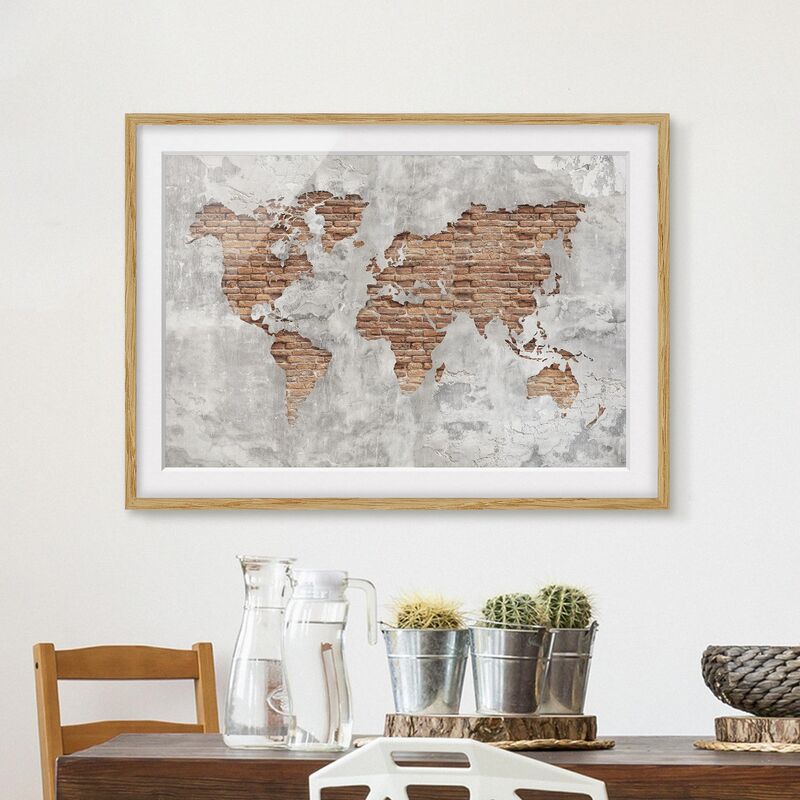 

Póster enmarcado - Shabby Concrete Brick World Map Dimensión LxA: 40cm x 55cm, Marco: Roble