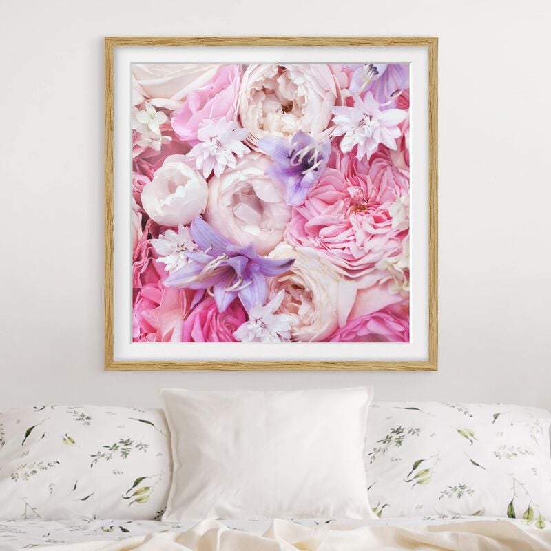 

Póster enmarcado - Shabby Rose con Bluebells Dimensión LxA: 50cm x 50cm, Marco: Roble