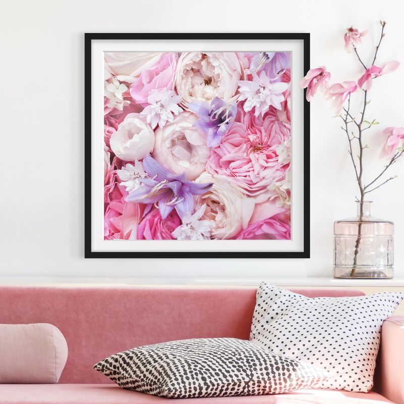 

Póster enmarcado - Shabby Rose con Bluebells Dimensión LxA: 70cm x 70cm, Marco: Negro