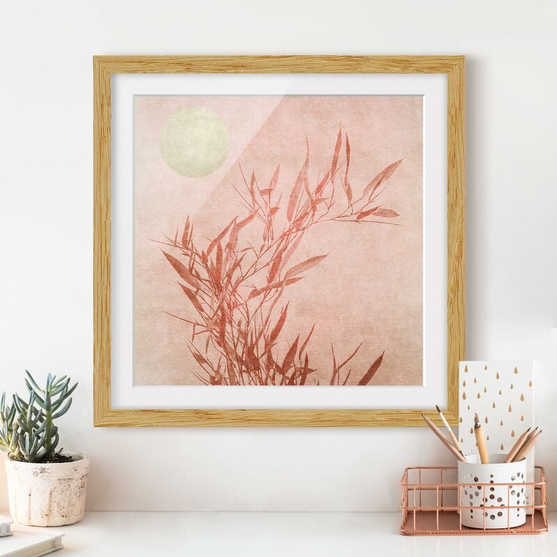 

Póster enmarcado - Sole dorato con bambù rosa Dimensión LxA: 50cm x 50cm, Marco: Roble