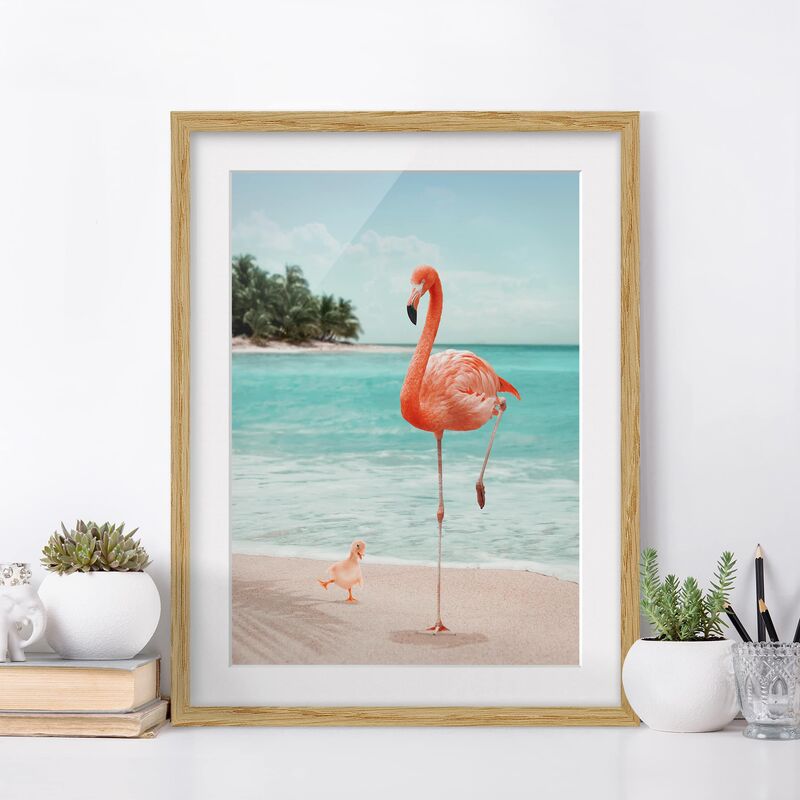

Póster enmarcado - Spiaggia Con Flamingo Dimensión LxA: 55cm x 40cm, Marco: Roble