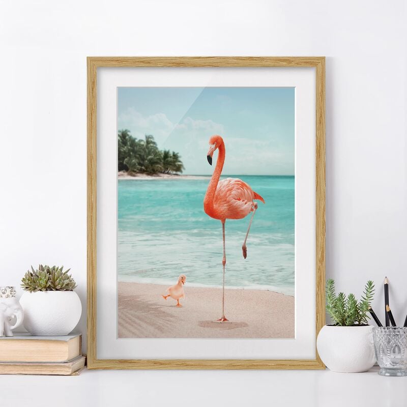 

Póster enmarcado - Spiaggia Con Flamingo Dimensión LxA: 24cm x 18cm, Marco: Roble