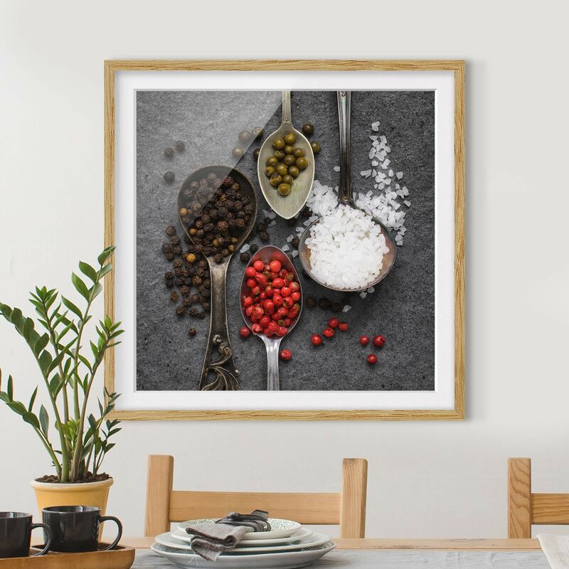 

Póster enmarcado - Spezie In Cucchiaio Antichi Dimensión LxA: 70cm x 70cm, Marco: Roble