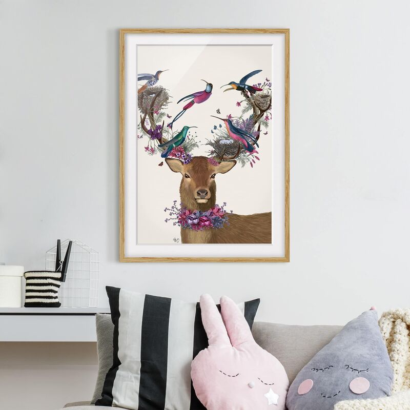 

Póster enmarcado - Stag Con I Piccioni Dimensión LxA: 24cm x 18cm, Marco: Roble