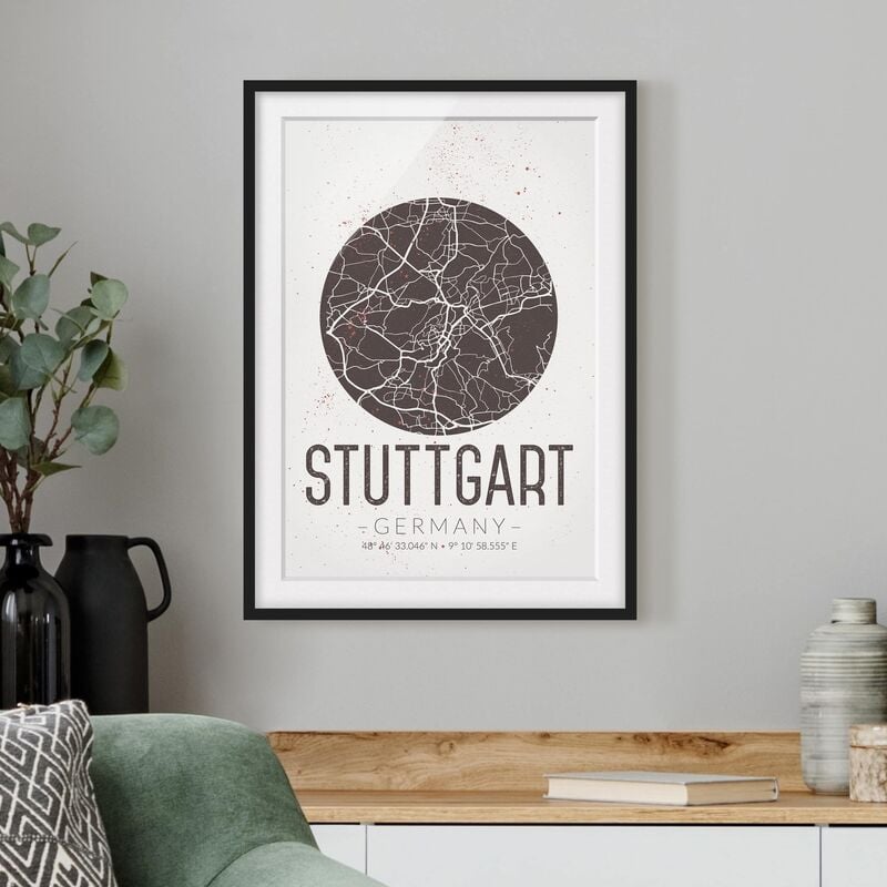 

Póster enmarcado - Stuttgart City Map - Retro Dimensión LxA: 100cm x 70cm, Marco: Negro