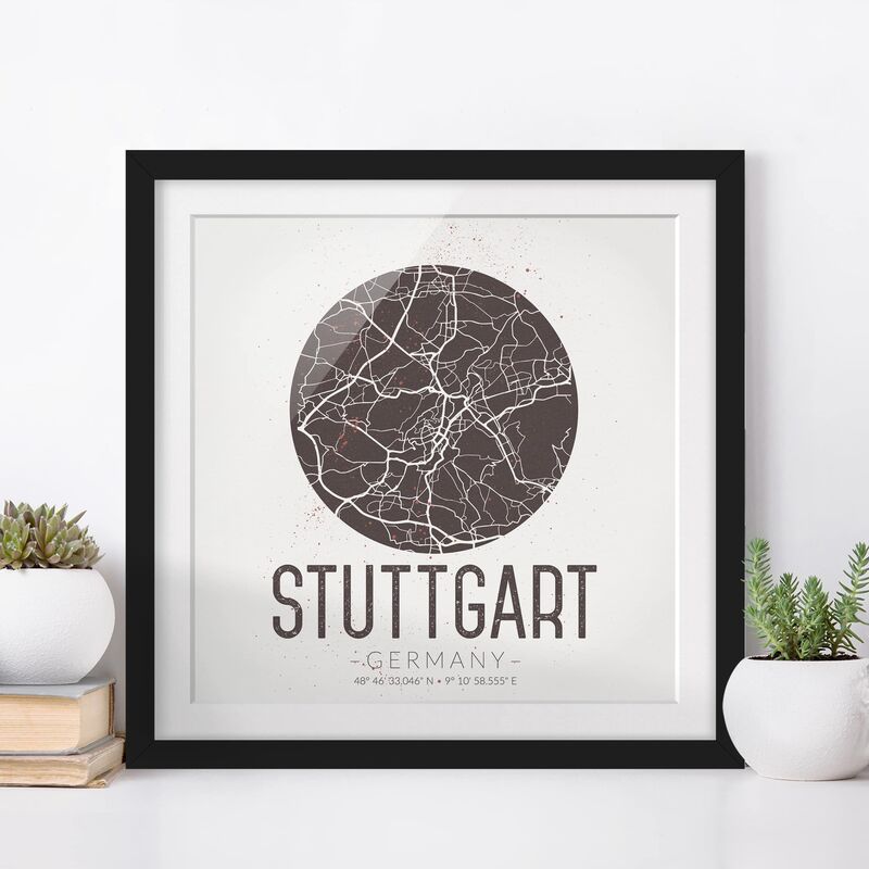 

Póster enmarcado - Stuttgart City Map - Retro Dimensión LxA: 20cm x 20cm, Marco: Negro