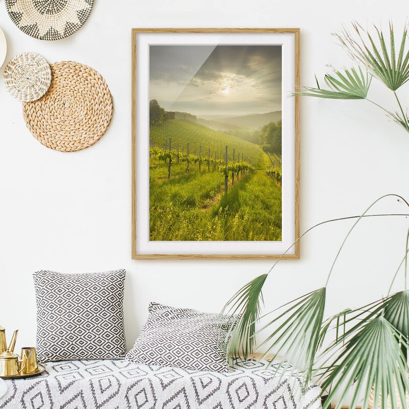 

Póster enmarcado - Sunrays Vineyard Dimensión LxA: 100cm x 70cm, Marco: Roble