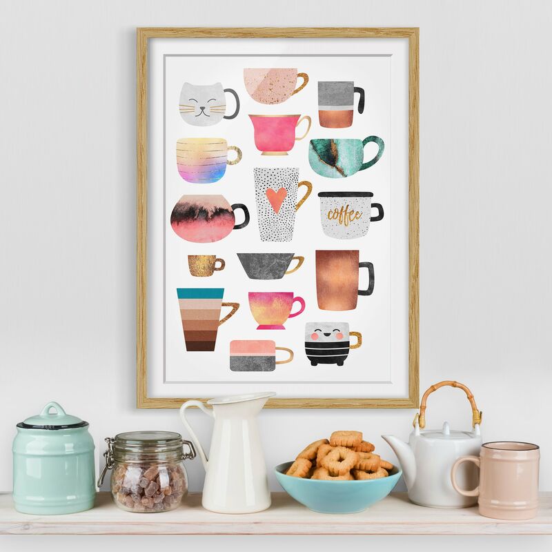 

Póster enmarcado - Tazze colorate con oro Dimensión LxA: 70cm x 50cm, Marco: Roble