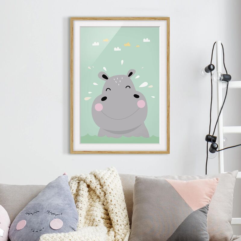 

Póster enmarcado - The Happy Hippo Dimensión LxA: 100cm x 70cm, Marco: Roble
